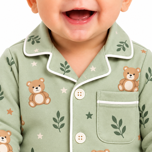 Ensemble pyjama ours en peluche vert sauge pour bébé, imprimé feuilles et étoiles, chemise à manches longues boutonnée et pantalon, tenue de nuit pour nourrisson et tout-petit, hiver - Product Image 2