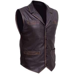 Gilet Homme Vintage en Cuir Véritable Noir Respirant Style Club Col Montant Boutons Cachés – Prix de Gros Automne - Product Image 2