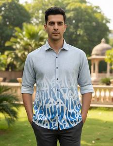 เสื้อเชิ้ตผู้ชายผ้าฝ้ายลินินพิมพ์ลายแขนยาวทรงปกติ ปกเสื้อแบบสเปรด ติดกระดุม สวมใส่สบายๆ แฟชั่นลำลอง ลายพิมพ์ทั่วตัว - Product Image 2