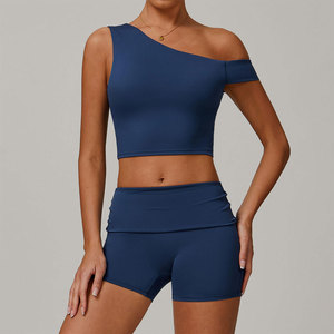 Ensemble de yoga asymétrique à épaules dénudées, col carré, short taille haute, couleur unie, sans couture, en Spandex/Nylon, 2 pièces, respirant - Product Image 1