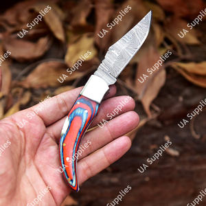Cuchillo de bolsillo plegable de acero de Damasco hecho a mano DIY con punta de gota, personalizable OEM, con bloqueo interno y funda de cuero, para caza, venta al por mayor - Product Image 3