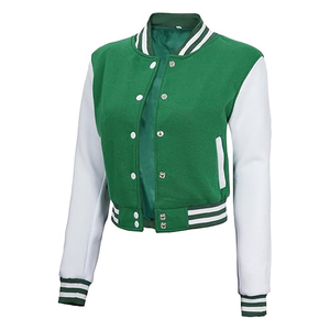 Women's Premium Quality Green White Varsity <b>Jacket</b> Full Sleeve Turn-down Collar Polyester Material Short Length Autumn Style - Product Image 4