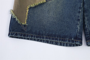 Men's High Waist Denim Bermuda Shorts With <b>Star</b> Patches Casual Style Button Fly Washed Cotton <b>Fabric</b> - Product Image 3