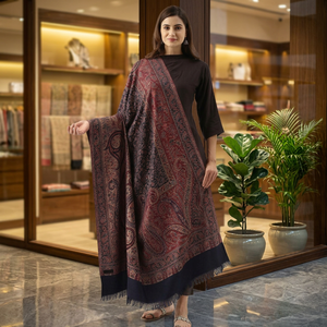 Chal Pashmina Kashmirí para Mujer, Largo, Reversible, para Invierno, Color Rojo Oscuro, con Estampado y Flecos, para Uso Diario - Product Image 1