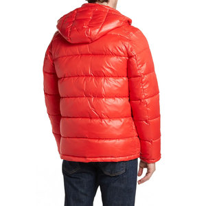 Men's <b>Red</b> <b>Hooded</b> Puffer <b>Jacket</b> Stand Collar Zipper Closure Windproof Down Filling Winter Casual Regular Fit Slim Style Wholesale - Product Image 2