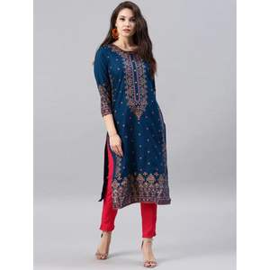 FASHION HEAVY RAYON FOIL PRINT ORK NAYRA CUT KURTI TEAL - Product Image 1