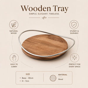 Premium Wooden Round Decorative Tray with Metal Rim | Accent Coffee <b>Table</b> Display Organizer Centerpiece Home Decor Serving Tray - Product Image 5