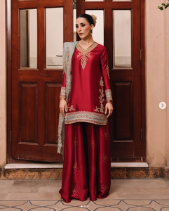 Women's Red Silk Salwar Kameez With Embroidered Dupatta Traditional Indian Pakistani Wedding Outfit Regular Fit Ankle-Length - Product Image 2
