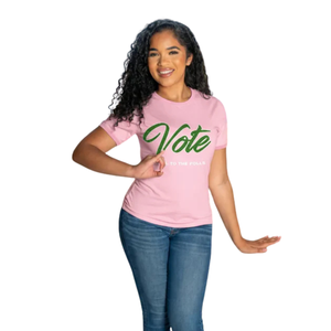 T-shirt imprimé pour femme en coton premium, rose clair et vert, motif « Votez, marchez jusqu'aux urnes », style décontracté et graphique - Product Image 2