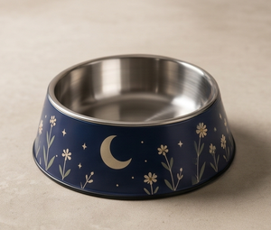 OEM Tazón para Perros de Acero Inoxidable Esmaltado Azul Medianoche con Base Antideslizante, Plato Floral con Diseño de Luna para Comida y Agua de Gatos y Mascotas, Venta al por Mayor - Product Image 1