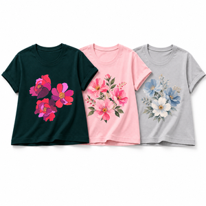 T-shirt pour femme à imprimé floral DTF, écologique, coupe ample, col rond, manches courtes, décontracté, été, 100% coton jersey, OEM ODM - Product Image 6
