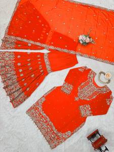 Traje Sharara de Georgette Sintética Premium con Cordón, Lentejuelas, Bordado de Hilo y Perlas, con Dupatta, Estilo Festivo - Product Image 1