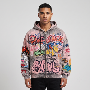 Sudadera con Capucha Personalizada con Bordado y Estampado Graffiti, Lavado Ácido, para Hombre, Tela de Felpa de 480g, Impresión por Descarga para Otoño - Product Image 1