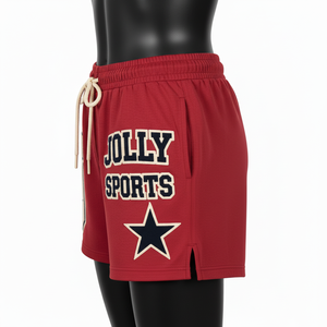 Shorts de bain pour femmes en coton polyester 300 GSM de haute qualité, design graphique rouge, broderie chenille, logo personnalisé - Product Image 2