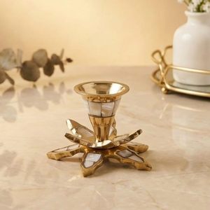 Single Aluminium & Mother of Pearl <b>Candle</b> Holder Petals Short Decorative Candlestick Stand for <b>Taper</b> <b>Candles</b> Home Bedroom - Product Image 1