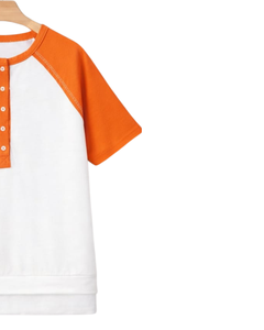Women White Orange Raglan Sleeve Henley T Shirt Cotton Blend Short Sleeve Casual Summer <b>Top</b> Trendy Comfortable Lightweight Wear - Product Image 2