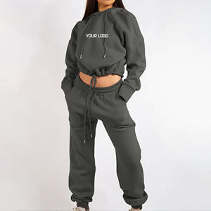 Ensemble de survêtement hiver haut de gamme couleur unie avec sweat à capuche et pantalon de jogging à revers, logo personnalisé sérigraphié, dentelle, vente chaude - Product Image 4