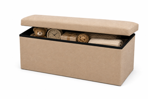 Banc de rangement moderne pliable en tissu de qualité supérieure, couleur beige neutre, pour salon - Product Image 3