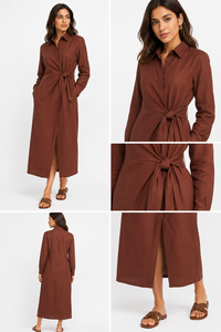 Robe chemise 100% coton à manches longues, avec nœud à nouer sur le devant, col à revers, robe midi vintage, toutes saisons, couleur unie, robe moderne avec poches - Product Image 2