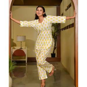 Women's Soft Lemon <b>White</b> Cotton Corduroy <b>2</b>-<b>Piece</b> Casual <b>Set</b> with Long Sleeves XS Size - Product Image 4