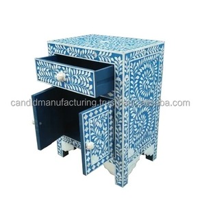 Natural Crafts <b>Blue</b> Bone Inlay <b>Bedside</b> <b>Table</b> Handmade Floral Cabinet Side Chest for Living Room Bedroom - Product Image 2