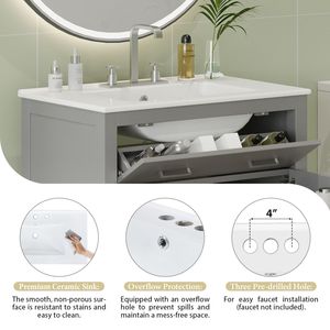 Mobile bagno singolo moderno grigio da 76 cm con lavabo in ceramica, 2 ante soft-close e un ripiano - Product Image 5