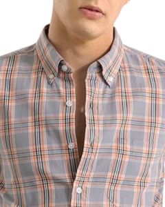 Camisa de algodón a cuadros gris claro y melocotón para hombre, manga larga, con botones, informal, de fábrica OEM, corte personalizado, de primera calidad. - Product Image 4