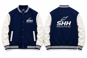 Premium Navy Cream Letterman <b>Bomber</b> with Contrast Sleeves Embroidered Chest Logo Striped Rib Trim Snap Front Unisex College - Product Image 3