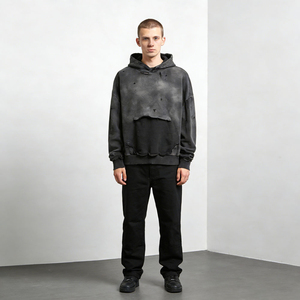 Sweat-shirt à capuche oversize pour homme, effet vieilli, style streetwear, en coton French Terry teint, noir, avec poches - Product Image 6