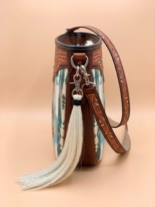 Sac à main en cuir véritable de style western, forme seau, avec rabat, pompon, léger, décontracté, sac à bandoulière, double poignée, bandoulière géométrique - Product Image 2