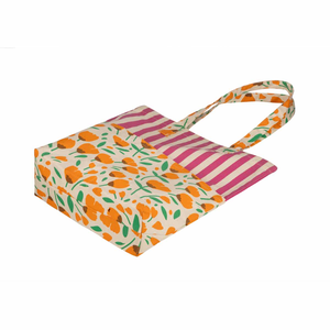 <b>Canvas</b> Shopping Bag Large Size Pink Striped Orange Floral Pattern Shoulder Handle for Groceries - Product Image 2