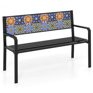 50-Inch Slatted Loveseat <b>Metal</b> Patio <b>Bench</b> for 2-3 People with Mosaic Backrest - Product Image 4