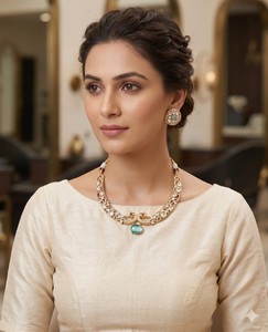 Conjunto de Joyería Tradicional Chapado en Oro con Diamantes Americanos: Collar Choker, Collar de Pavón Doble Hasli y Pendientes Redondos de Piedra Rosa Bebé para Mujer - Product Image 2