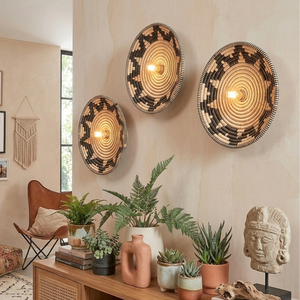 Zig Zag Seagrass Wall <b>Light</b> Plug-in Woven Seagrass Wall <b>Sconce</b> Natural Fiber Dish Boho Woven Wall Plate for Bedroom Living Room - Product Image 2