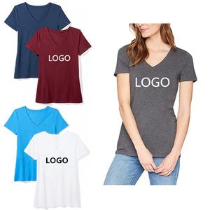 T-shirt vierge à manches courtes 100% coton pour femmes, col en V, de haute qualité, avec étiquette privée et impression personnalisée, t-shirt pour femmes, vente en gros en vrac - Product Image 1