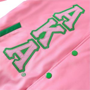 AKA <b>Pink</b> Satin Bomber <b>Jacket</b> Green Trim Unisex Varsity Style Embroidered Letters Ribbon Lining Casual Fashion Outerwear - Product Image 4