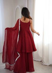 <b>Maroon</b> crunchy silk plazzo suit with zarkhand work round neck <b>top</b> full flair sharara dupatta with lace border festival wear - Product Image 6