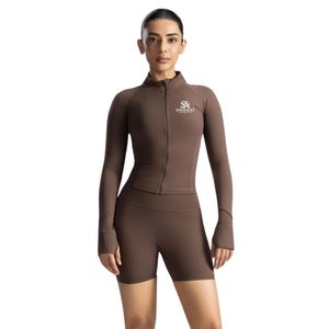 <b>Brown</b> Women's Fitted Athletic Jacket Cropped Length Full Zip <b>Long</b> <b>Sleeve</b> High Neck Stretch Workout Sportswear <b>Top</b> - Product Image 2