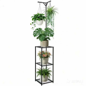 Support à plantes moderne à 3 niveaux en métal avec crochet de suspension, étagère haute pour plusieurs plantes, intérieur et extérieur, salon - Product Image 1