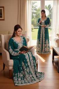 Awais House Women's Maroon Embroidered Polyester Organza Modest Floor-Length Abaya Beading Sheer Layer Full Sleeve Sweetheart - Product Image 3