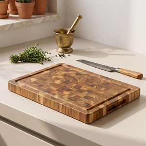 Tabla de cortar de madera de teca rectangular en blanco, sostenible, de 1.5 cm de grosor, para servir y preparar charcutería, disponible en stock. - Product Image 3