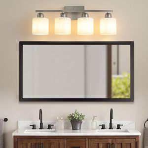 Lampada da Bagno Moderna a 4 Luci, Finitura Nichel Spazzolato con Paralume in Vetro Satinato Bianco Latte, Applique da Parete - Product Image 1
