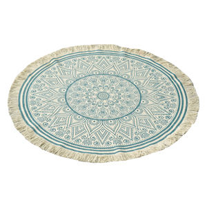 Handwoven Round Floral <b>Mandala</b> Flatweave Area <b>Rug</b> Soft Blue Cream Boho Circle Carpet with Fringe Low Pile for Living Room Decor - Product Image 3