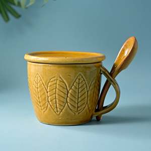 Beige Striped <b>Ceramic</b> Soup <b>Mug</b> with <b>Lid</b> and Spoon Set 600ml Glazed Microwave Safe Coffee <b>Mugs</b> (Set of 4) - Product Image 1
