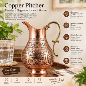 Jarra de Agua de Cobre Grabada Antigua con Asa de Latón, Patrón Floral Intrincado, Jarra Ayurvédica, Utensilios de Servicio, Decoración del Hogar - Product Image 2
