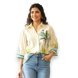 Camisa de algodón con botones para mujer, estampado de cocoteros tropicales, ropa de verano, top ligero de manga corta estilo bohemio - Product Image 1