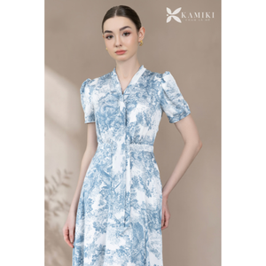Robe midi élégante pour femme, prête à être expédiée, imprimé floral bleu, manches courtes, tenue de bureau, vêtements de travail, fournisseur en gros - Product Image 1