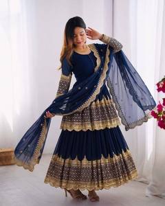Costume Anarkali traditionnel bleu marine pour femmes avec dupatta brodé, coupe ample, longueur au sol, tenue de mariage, style Inde Pakistan - Product Image 4