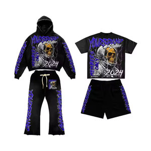 Ensemble de survêtement évasé personnalisé pour homme, style streetwear, avec impression 3D en relief, comprenant un sweat à capuche et un pantalon de jogging, à ourlet brut, motif graphique, décontracté - Product Image 5