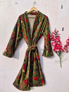 OFMD Green Bird Velvet Banyan Fabric Kimono Velvet <b>Robe</b> Long, Original OFMD break up <b>robe</b> Printed Kimono With Tassels - Product Image 1